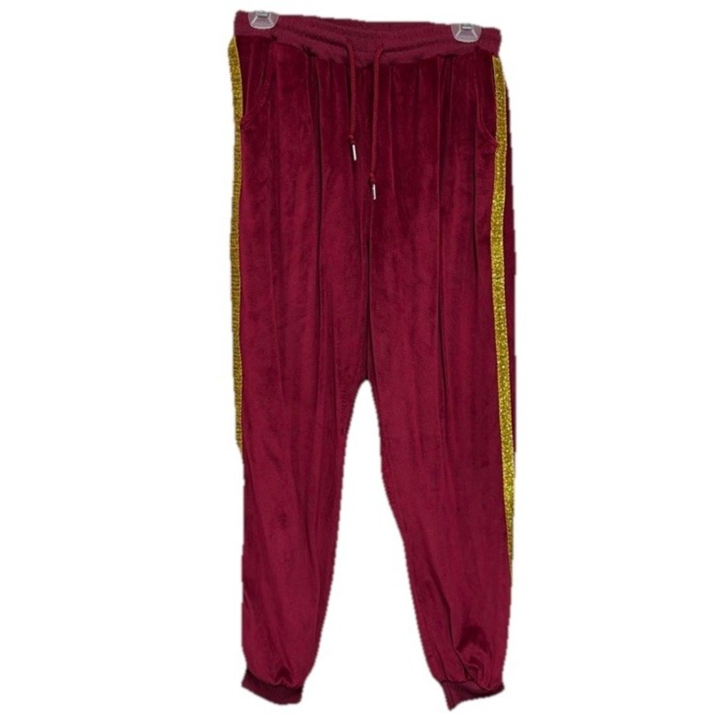 Women's Velour Jogger Pants Burgundy Gold Stripe Track Pants Medium‎ Large